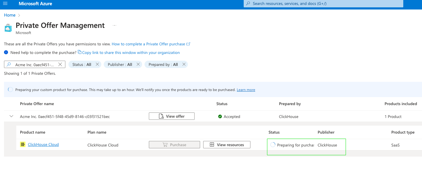 Azure Marketplace Private Offer Management page loading